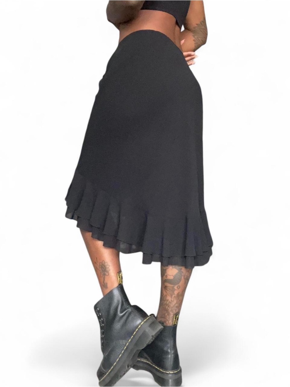 Vintage 90s Y2K Black Ruffle Women's Midi Formal Skirt Grunge Whimsigoth Size L